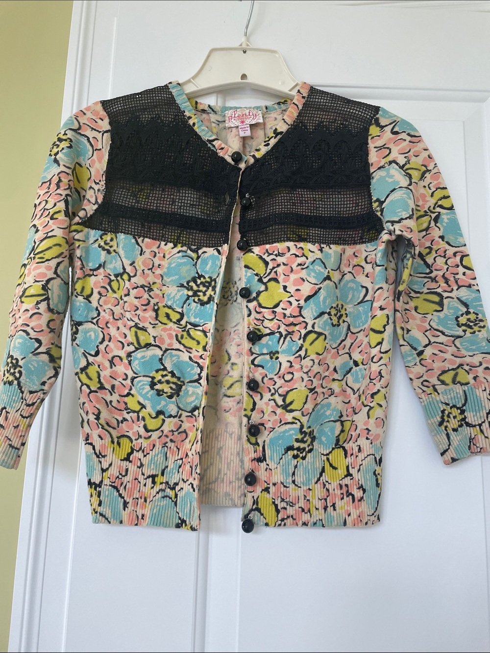 Plenty by Tracy Reese Floral Knit Cardigan with Black Lace Yoke